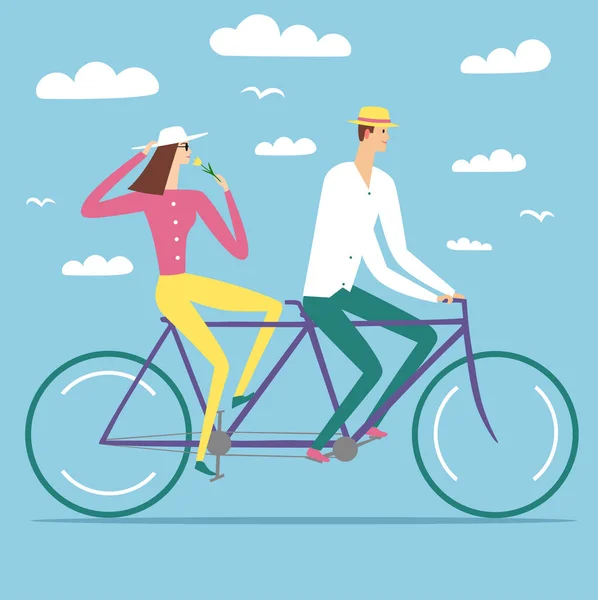 Cartoon pair in love riding a tandem bicycle — Stock Vector