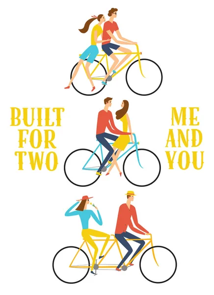 Set of cartoon pairs in love riding a bicycle — Stock Vector