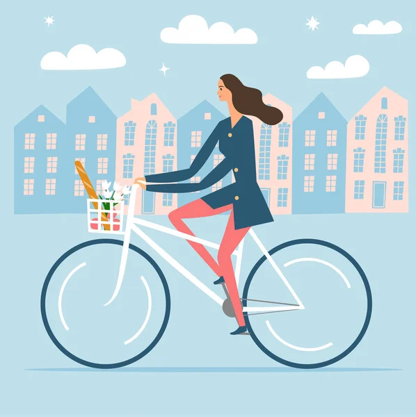 Mujer montada en bicicleta con mercancías en una cesta — Vector de stock