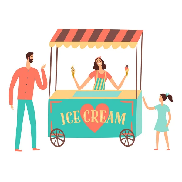Ice cream seller with customers. — Stock Vector