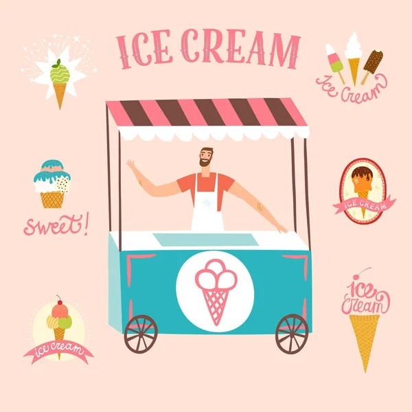 Hand drawn ice cream emblems set — Stock Vector