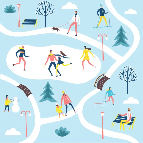 Ensemble de personnes dans le parc d'hiver . — Image vectorielle