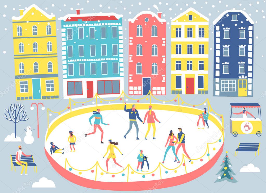 City and ice rink illustration