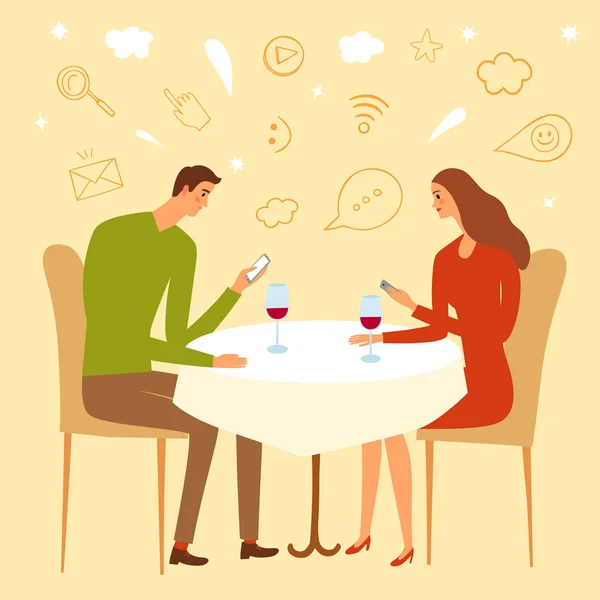 Pair sitting in a restaurant and looking on their phones. — Stock Vector