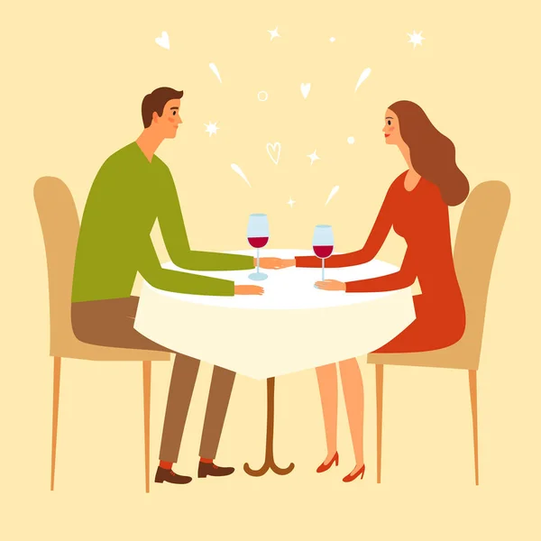 Ζευγάρι κάθεται σε ένα εστιατόριο και κρατώντας τα χέρια. — Διανυσματικό Αρχείο