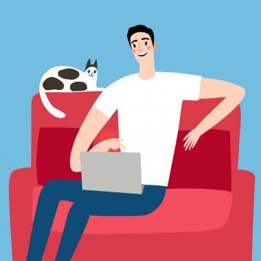 Man with computer sitting on sofa. clipart