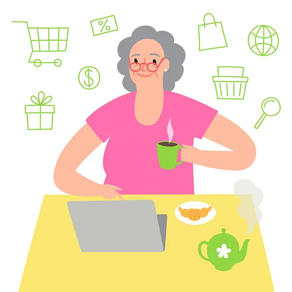 Cartoni animati nonna shopping on-line — Vettoriale Stock