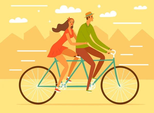 Feliz pareja de dibujos animados en el amor montar una bicicleta en la ciudad . — Vector de stock