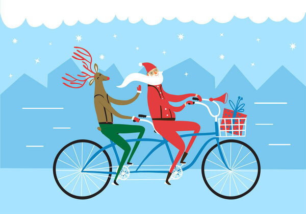 Christmas illustration with Santa and Deer on bicycle riding in 