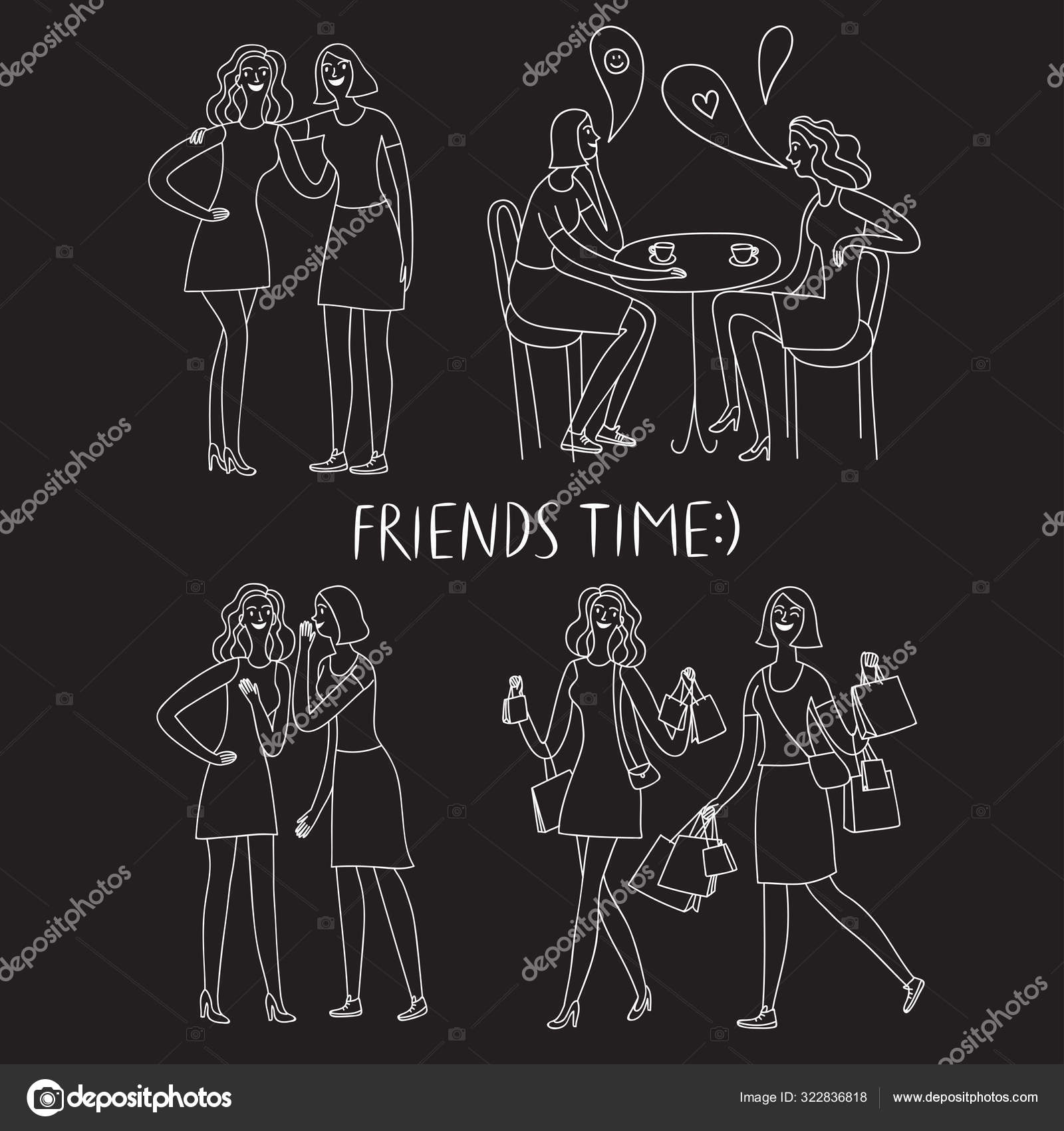 Happy girls friends doodle set on black background. Stock Vector Image by  ©shtonado #322836818