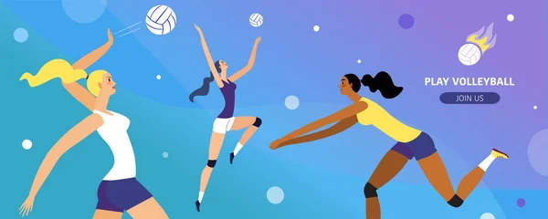 Banner de voleibol con hermosas jugadoras dinámicas — Vector de stock