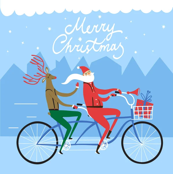 Weihnachtliche Illustration mit Weihnachtsmann und Hirsch beim Fahrradfahren in — Stockvektor