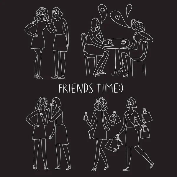 Felice ragazze amici doodle impostato su sfondo nero . — Vettoriale Stock