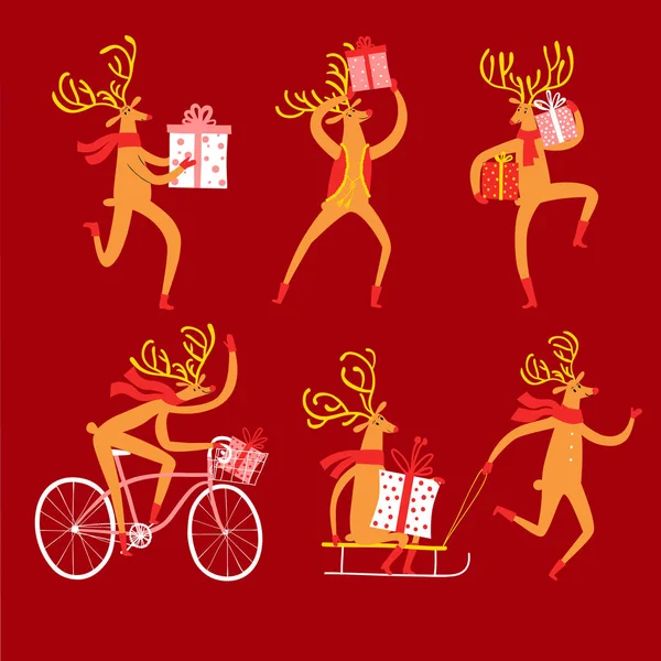 Vánoční ilustrační sada roztomilých jelenů s dárkovými krabicemi. — Stockový vektor