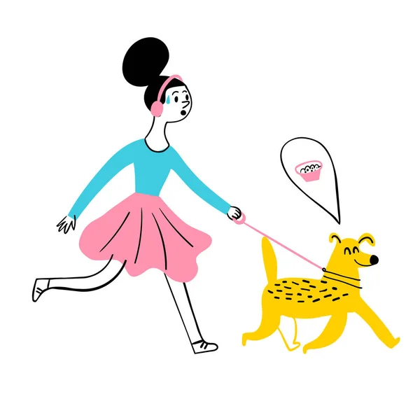 Girl walking with dog, pet care illustration — Stock Vector