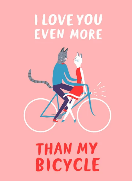 Liebe dich mehr als meine Fahrradpostkarte mit Katzen — Stockvektor