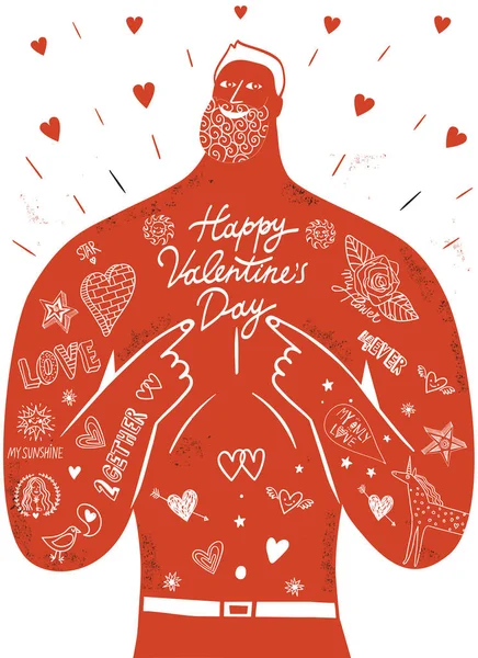 Mighty sexy red men with tattoos and Valentine's Day greeting — Stock Vector