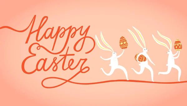 Roztomilí Velikonoční Králíci Pobíhající Držící Vejce Veselá Velikonoční Kaligrafie Karikatura — Stockový vektor