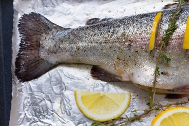 Nehir balık alabalık bir fırın tepsisine limon dilimleri ve yeşil kekik fışkın ile doldurulmuş. Sığ derinlik-in tarla