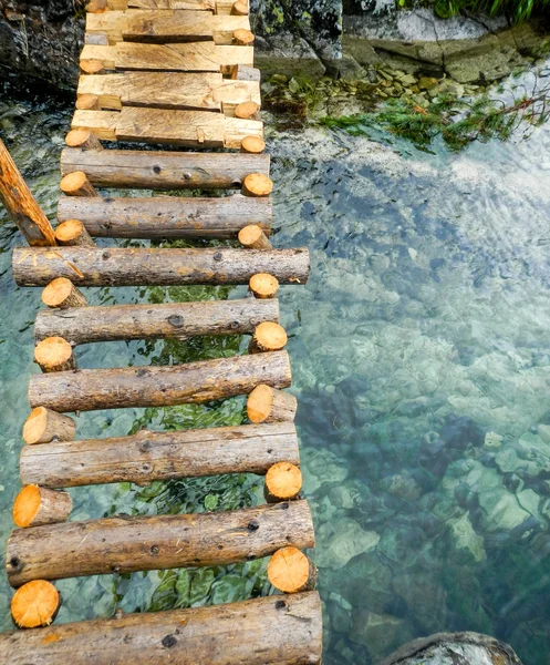 Ponte di legno sul torrente di montagna vorticoso — Foto Stock