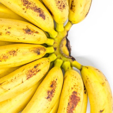 Beyaz arka planda taze, lezzetli muzlar ve fotokopi alanı.