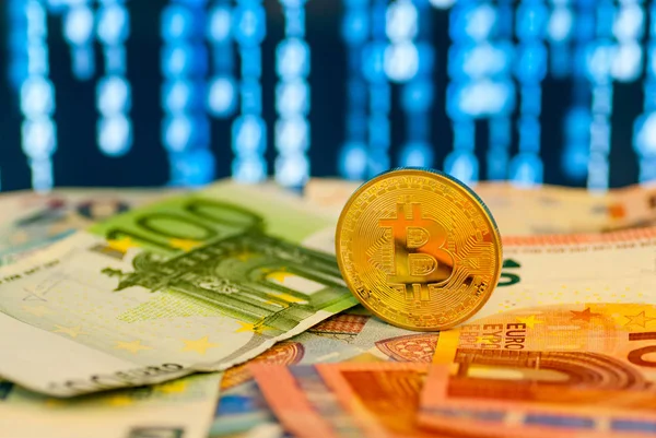 bitcoin concept coin and euro over digital wallpaper