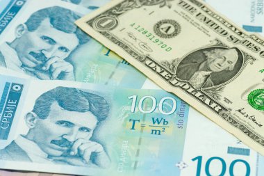 Sırp dinarı banknotları ve bir dolarlık borsa ticaret konsepti.