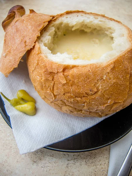 Tasty Garlic Soup Served Hollowed Homemade Bread Pickled Peppers Gourmet — 图库照片