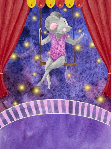 Akvarell illustration av cirkus akrobater med grå möss — Stockfoto
