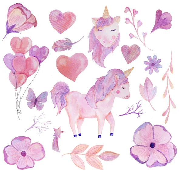 Set acuarela unicornio rosa — Foto de Stock