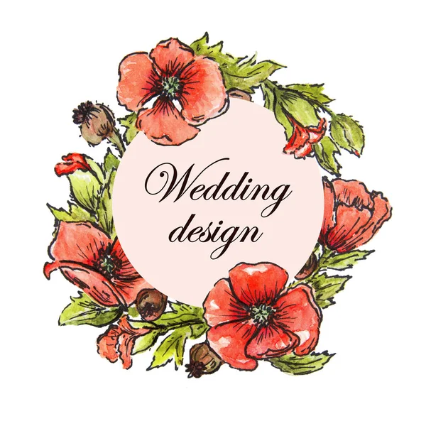 Wedding decor, watercolor poppies, frames — Stock Photo, Image