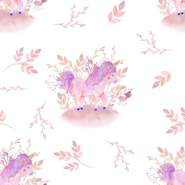 kusursuz desenli pembe tek boynuzlu at ve çiçekler suluboya