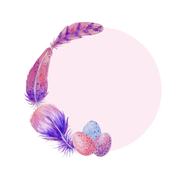 Warna ungu warna air bingkai Paskah, bulu dan telur — Stok Foto