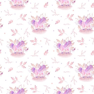 suluboya desensiz pembe tek boynuzlu at ve çiçekler