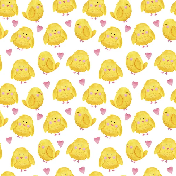 Aquarela padrão sem costura, galinhas de Páscoa amarelas com corações rosa — Fotografia de Stock