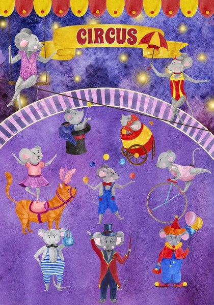 Watercolor illustration of circus with mice — Stock Photo, Image