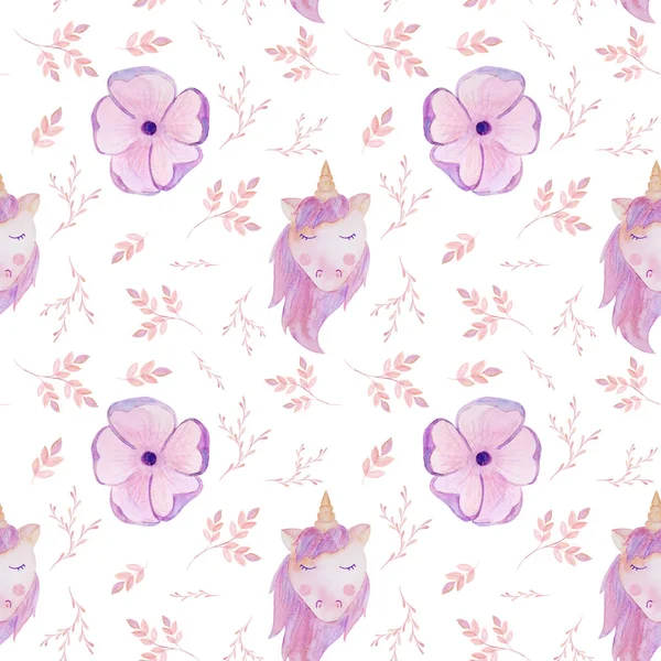 Acuarela patrón inconsútil unicornio rosa y flores —  Fotos de Stock
