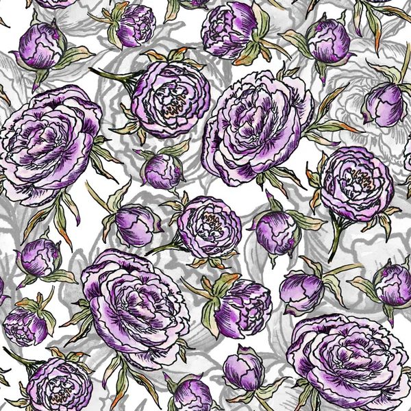 watercolor seamless pattern lilac peonies with buds