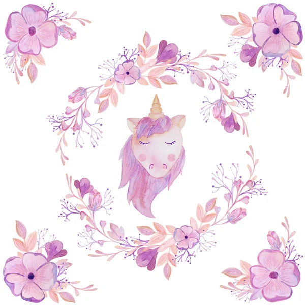 Υδατογραφία ροζ πλαίσιο λουλούδι unicorn ημέρα του Αγίου Βαλεντίνου — Φωτογραφία Αρχείου
