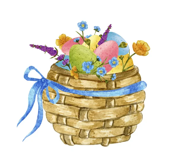 Hasır Paskalya sepeti yumurta ve çiçeklerle suluboya — Stok fotoğraf