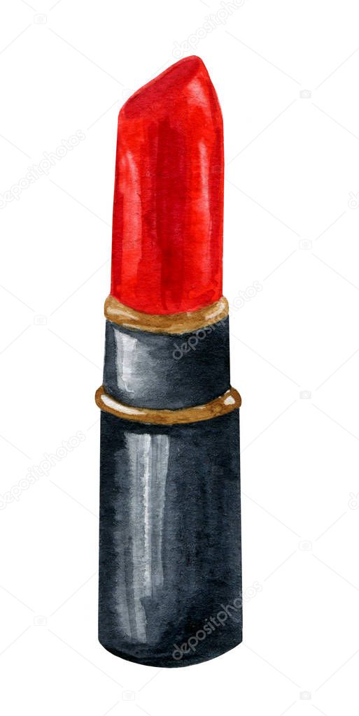 Red lipstick icon in a black case. Watercolor illustration