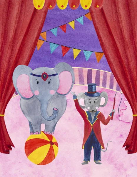 Watercolor illustration of a circus trainer gray mouse — Stock Photo, Image
