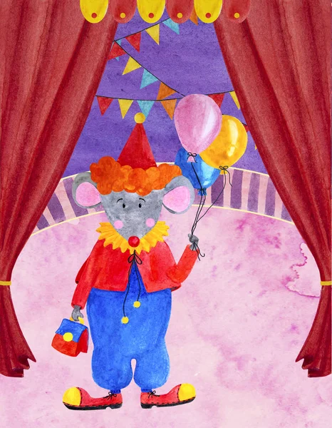 Aquarell-Illustration eines rothaarigen Clowns im Zirkus — Stockfoto