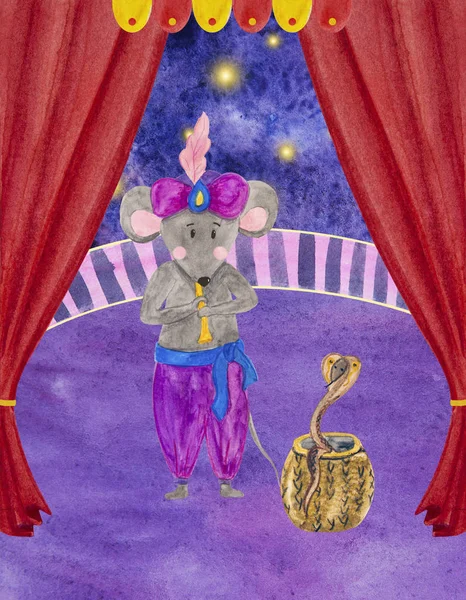 Watercolor illustration of a circus snake charmer gray mouse — 스톡 사진