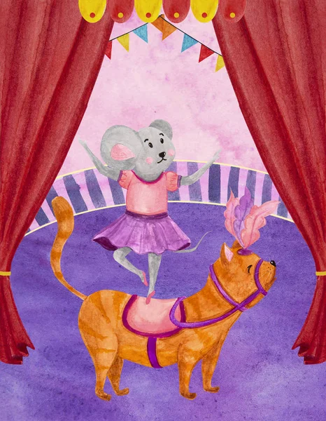 Watercolor illustration of a circus animal trainer gray mouse — 스톡 사진