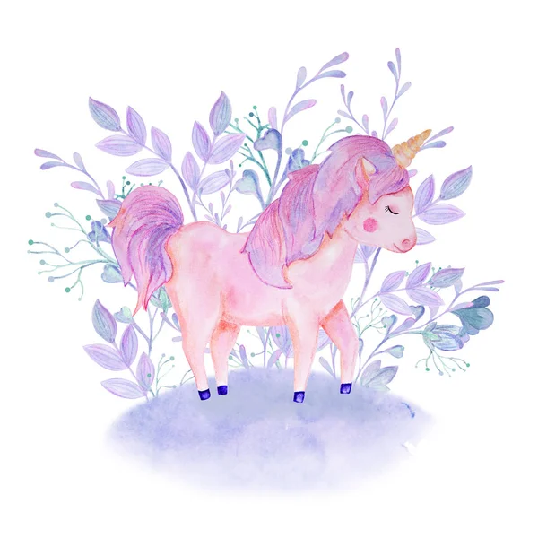 Watercolor pink, lilac unicorn composition with flowers — Stock Photo, Image