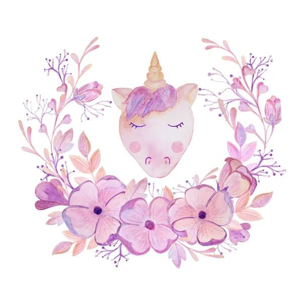 Acuarela unicornio rosa en una corona — Foto de Stock