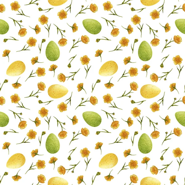 Sárga boglárka, vadvirágok, tojás zökkenőmentes minta — Stock Fotó