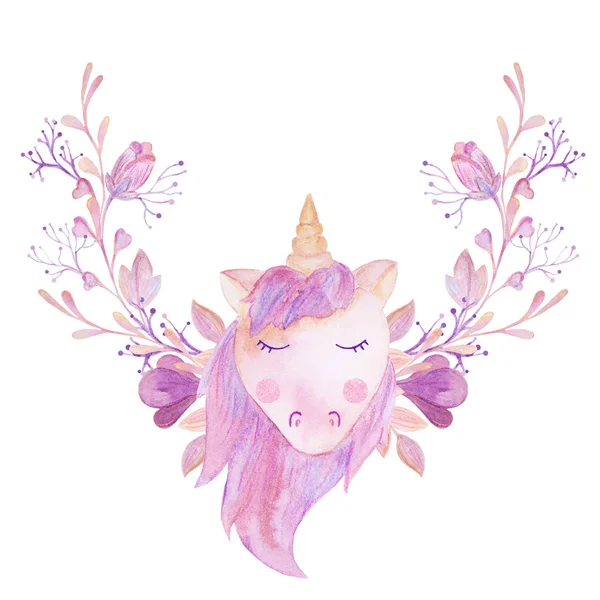 Watercolor pink unicorn in a wreath — Stock Photo, Image