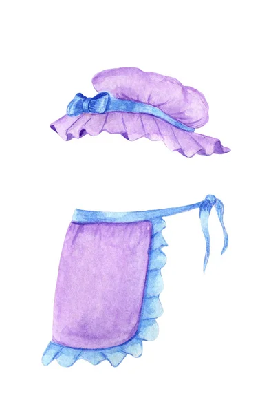 Bonnet ungu Seth dan celemek dengan garis biru — Stok Foto